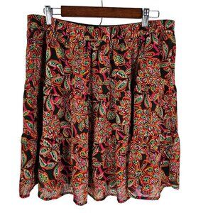 J. Crew Floral Boho Pink Green Print Skirt Large Tired Ruffle Knee Length Flowy